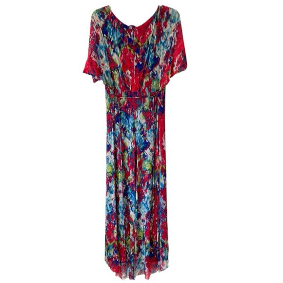 Weston Wear Long V-Neck Mesh Maxi Dress Belted Blue Red size large - Picture 2 of 8
